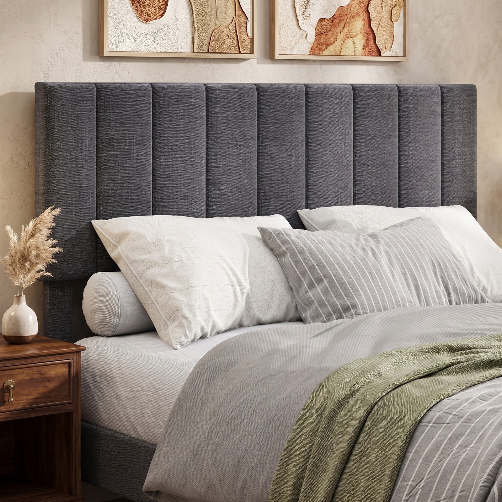 Furnibear Queen Bed Frame, Upholstered Platform Bed Frame with Adjustable Channel Headboard, Queen Bed Frame with Headboard, Modern Gray