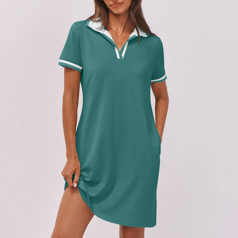 plus size golf dresses for ladies YUTK Plus Size Dresses Sale Women'S Solid Dresses Short Sleeve V Neck  Casual Summer Tennis Golf Mini Shirt Dress with Pockets Army Green S