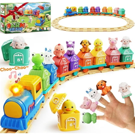 Toddler Toys for 1 2 3 Year Old Boy Girl, Electric Train Set with Music, Light & Tracks, 8 Farm Animals & 8 Barns, Montessori Learning Toy for 1 2 3 Year Old, Birthday Gift for Boy and Girl (37PCS)