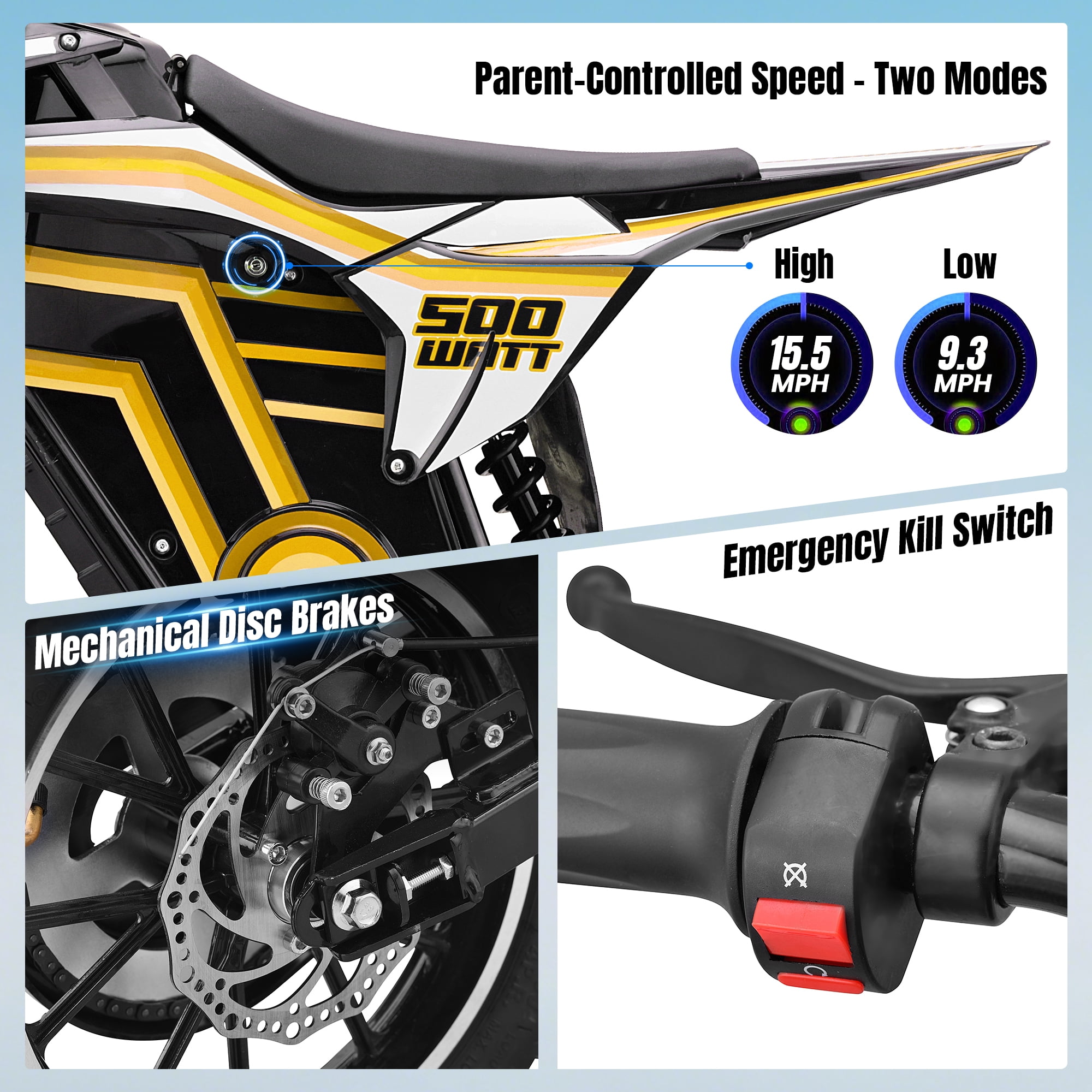 QEASET electric dirt bike, 500W kids dirt bike for Boys Girls Age 8-14, Yellow
