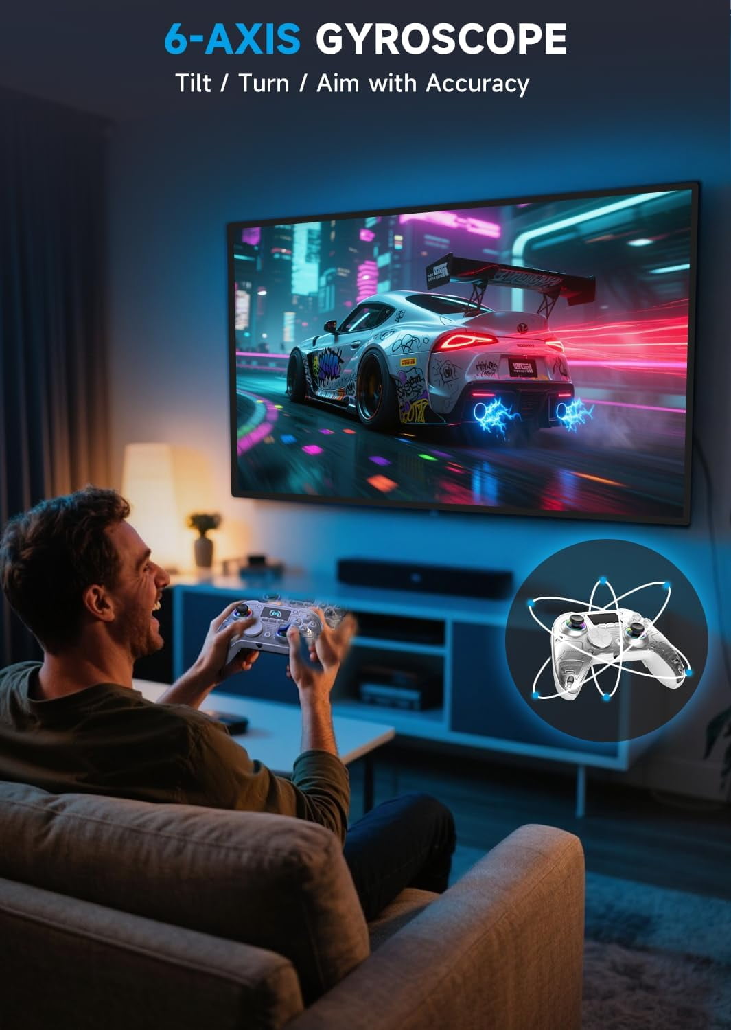 AOC Wireless Gaming Controller for PC, Steam, PS4, iOS, Android, Interactive Screen, Hall Effect Joystick and Triggers, RGB Lighting, Adjustable Vibration/Turbo, White(Not for Xbox, PS5)