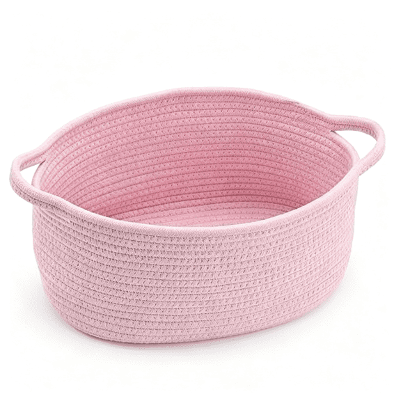 ACDANC Small Woven Basket with Gift Bags and Ribbons,Gift Basket Empty,Cotton Rope Storage Organizer,Baby Toy Box with Handles,12" X 8" X 5",Light Pink