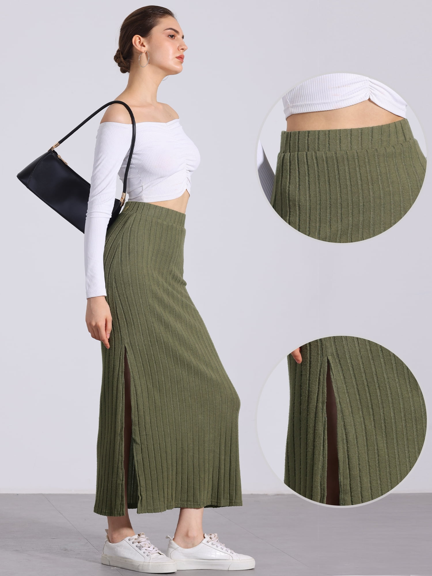 DARING DIVA Women's High Waisted Long Skirt Slit Bodycon Knit Pencil Skirt S Army Green