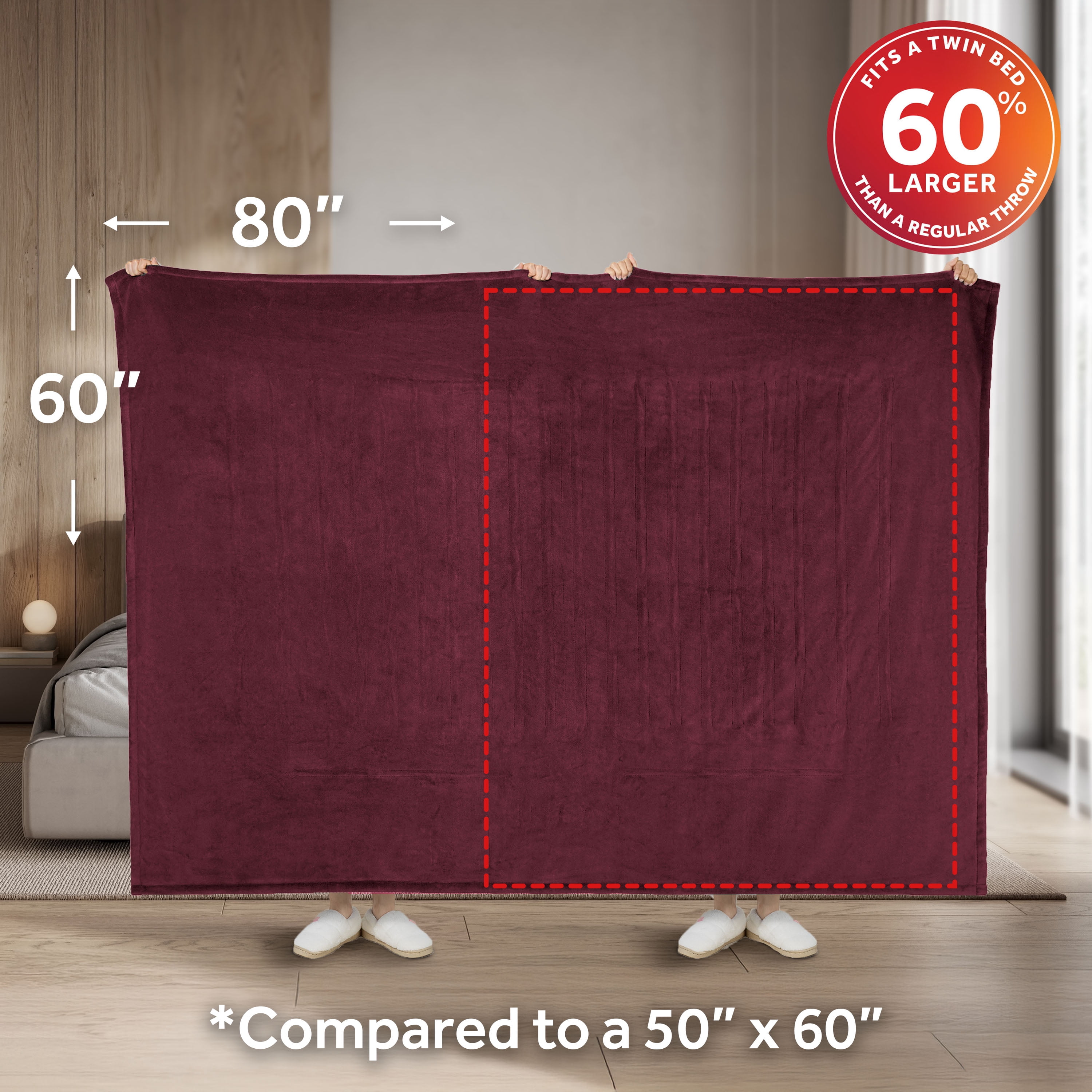 Sunbeam Heated Electric Oversized Microplush Throw Blanket, Merlot, 4 Heat Settings, 60 x 80 in