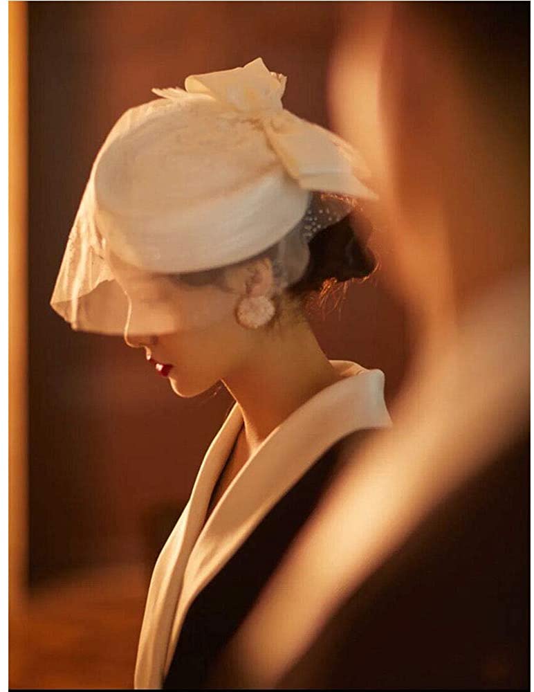 F FDAVES White Pillbox Hat Veil 