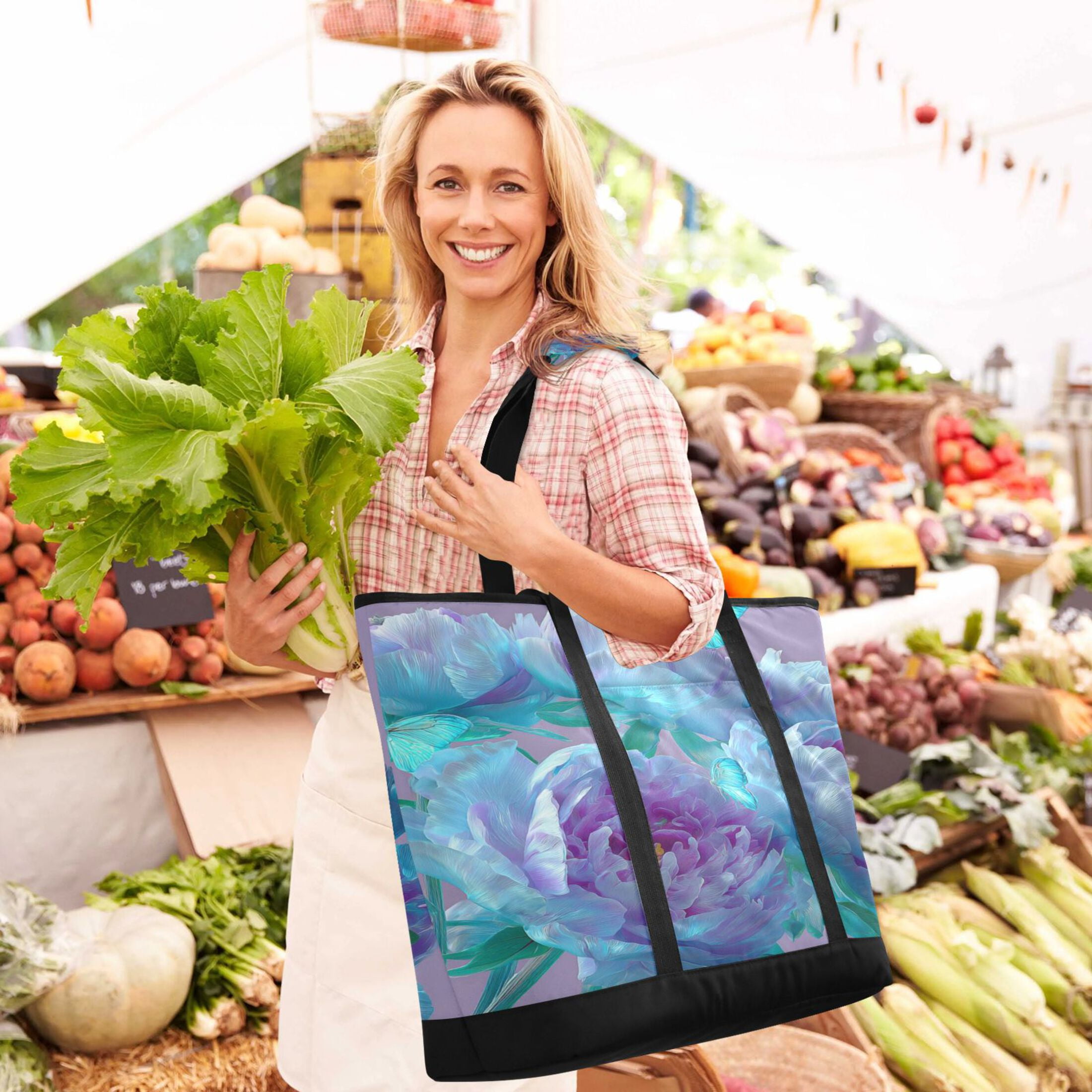 Large Hand-held Ice Pack Picnic Bag Insulation and Refrigeration Suitable for Shopping Picnics and Camping Purple Flower Butterfly