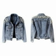 thumbnail image 2 of Women'S Jean Jacket Embroidered Rivet Pearl Short Denim Jacket Coat Blue XL, 2 of 7