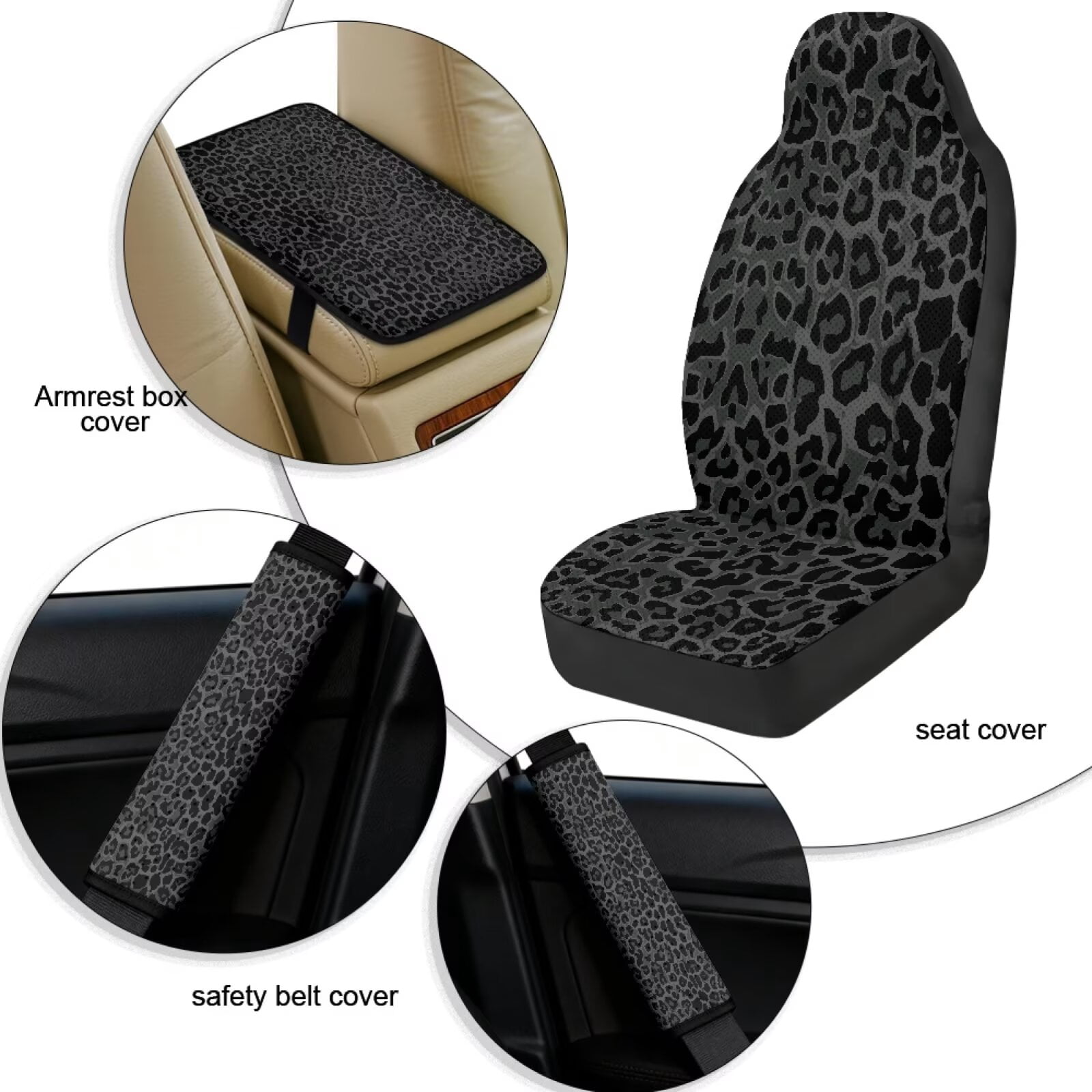 Xixirimido Car Seat Covers Front Seats Only with Belt Covers Armrest Box Cover 5Pcs Set for SUV Sedan Van Truck PU Leather Seat Protector Automotive Accessories, Black Leopard