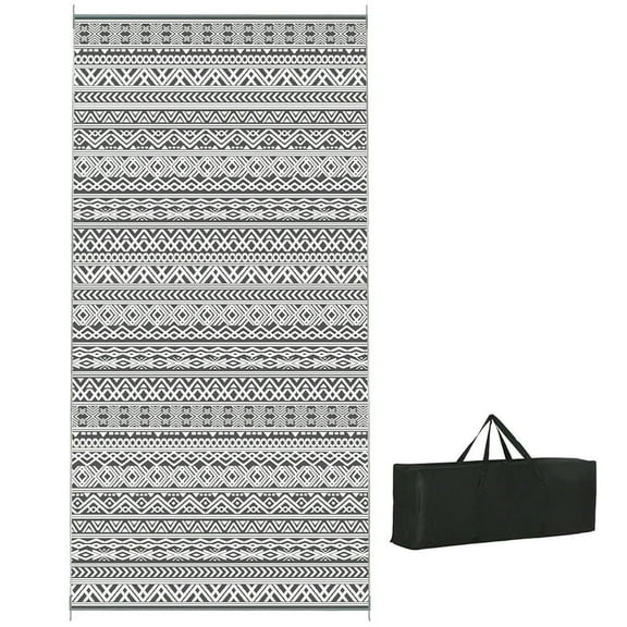 Kepooman Bedside Rug, Indoor Door Mat,Reversible Outdoor Rug Carpet RV Camping Rugs with Carry Bag, 8' x 10', Black & Gray Geometric