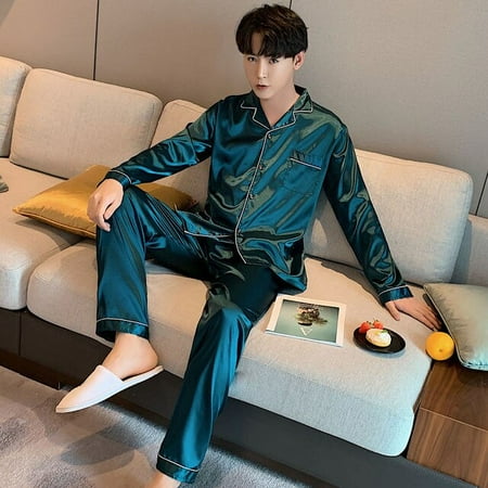 

QWZNDZGR Men Pajama Sets Silk Satin Pijama Turn-down Collar Sleepwear Long Sleeve Sleep clothes Male 2 Pieces Sets Homewear Pyjamas Men s