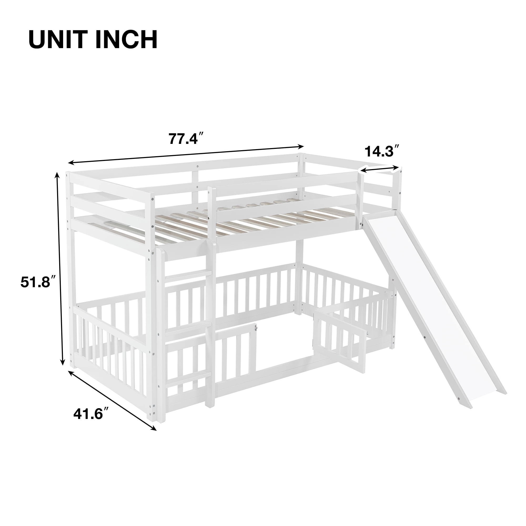 Euroco Twin over Twin Bunk Bed with Slide, Convertible Lower Bed with Guardrails for Kids Teens, White