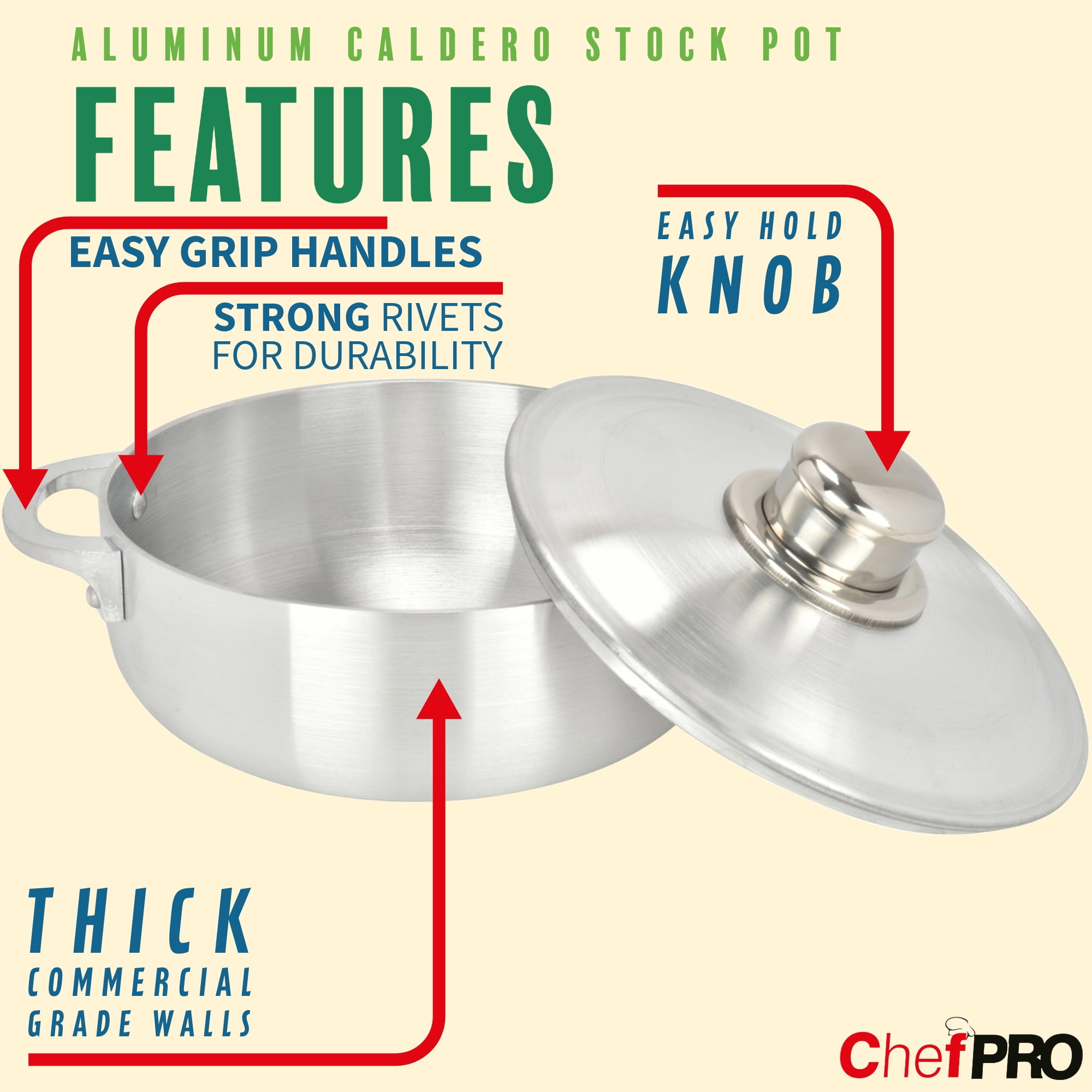 Chef PRO Commercial Grade Aluminum Caldero Stock Pot, 28.4 Quarts