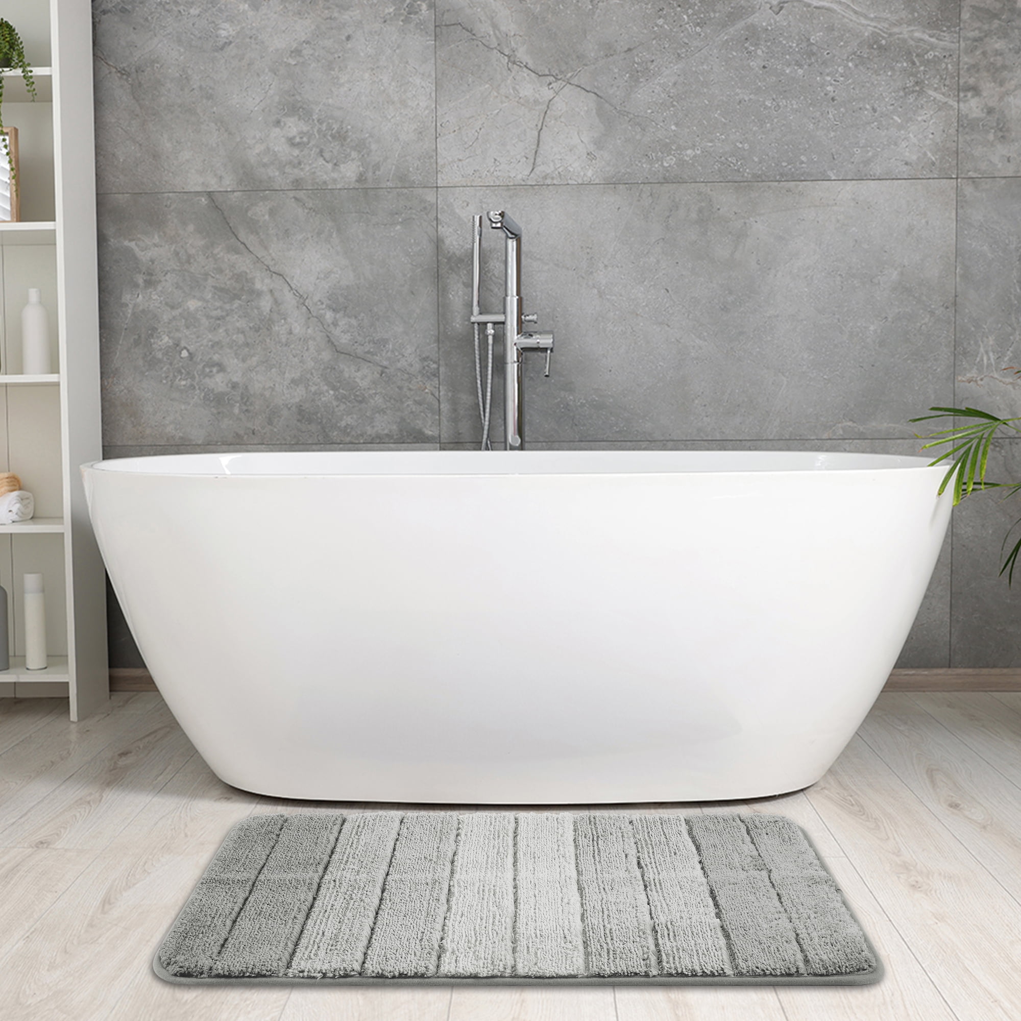 Unique Bargains Plush Gradient Striped Bath Rugs Microfiber Shaggy Mat with TPR Backing Grey 20" x 32"