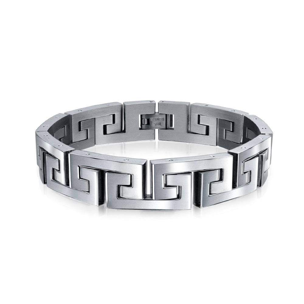 Geometric Fancy Greek Key Wristband Link Bracelet For Men Silver Tone