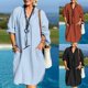thumbnail image 4 of Women Cotton Linen Midi Dress Tunic Dress Pocket Vintage Baggy Long Sleeve Dress, 4 of 8