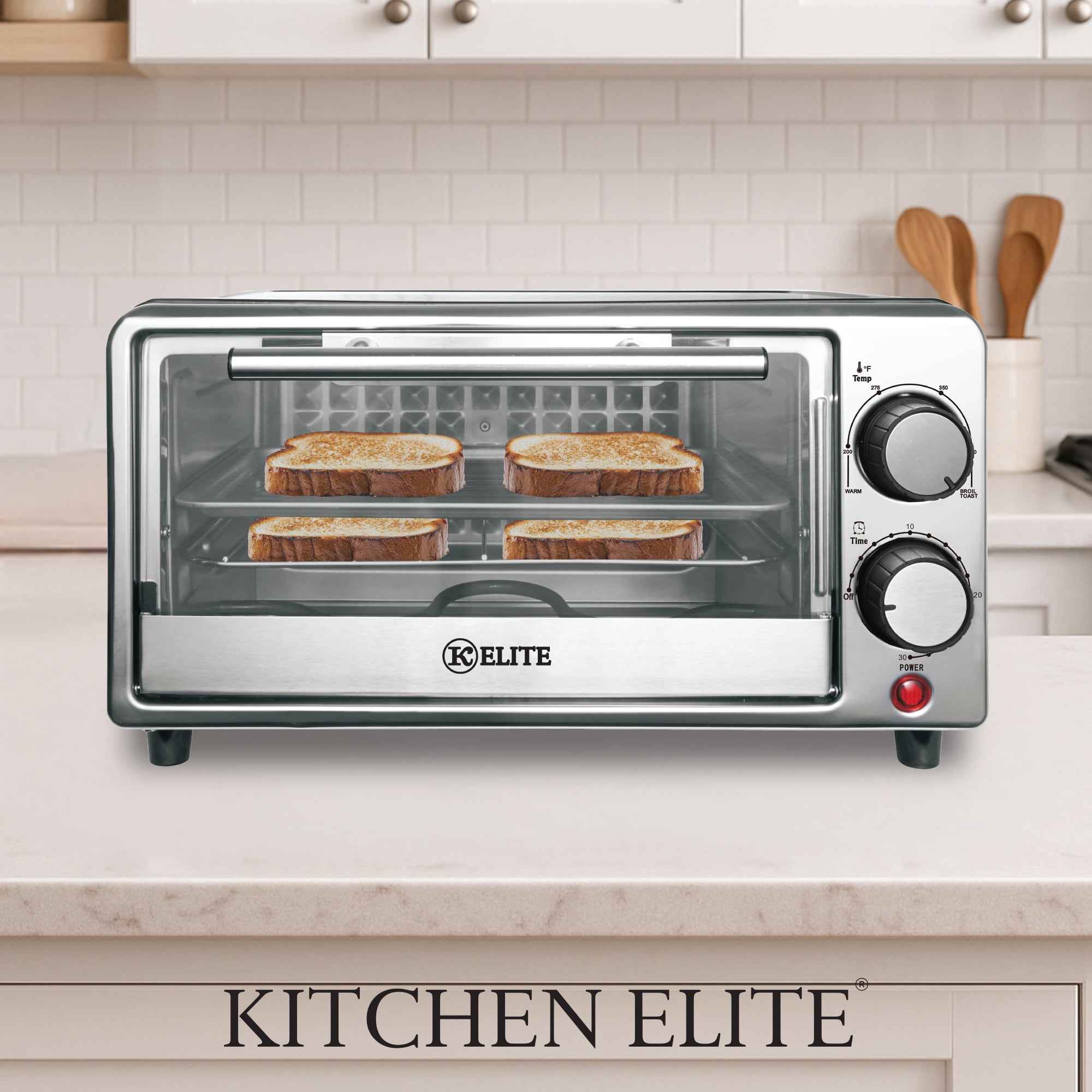 Kitchen Elite 4-Slice Toaster Oven Compact Countertop & Stainless Steel Tray, Black
