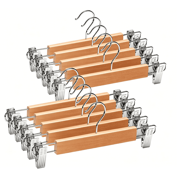 TWGRNF 10 Pack Wooden Pants Hangers with Adjustable Metal Clips, Non Slip Skirt Trouser Hangers, Space Saving Closet Organizer for Jeans Slacks Shorts
