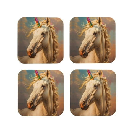 

Leather Coasters Set of 4 - Rainbow White Horse Lightweight Non-Slip Drink Coasters for Desk Anti-Scalding Desk Cup Coasters for Office Table Decor Square
