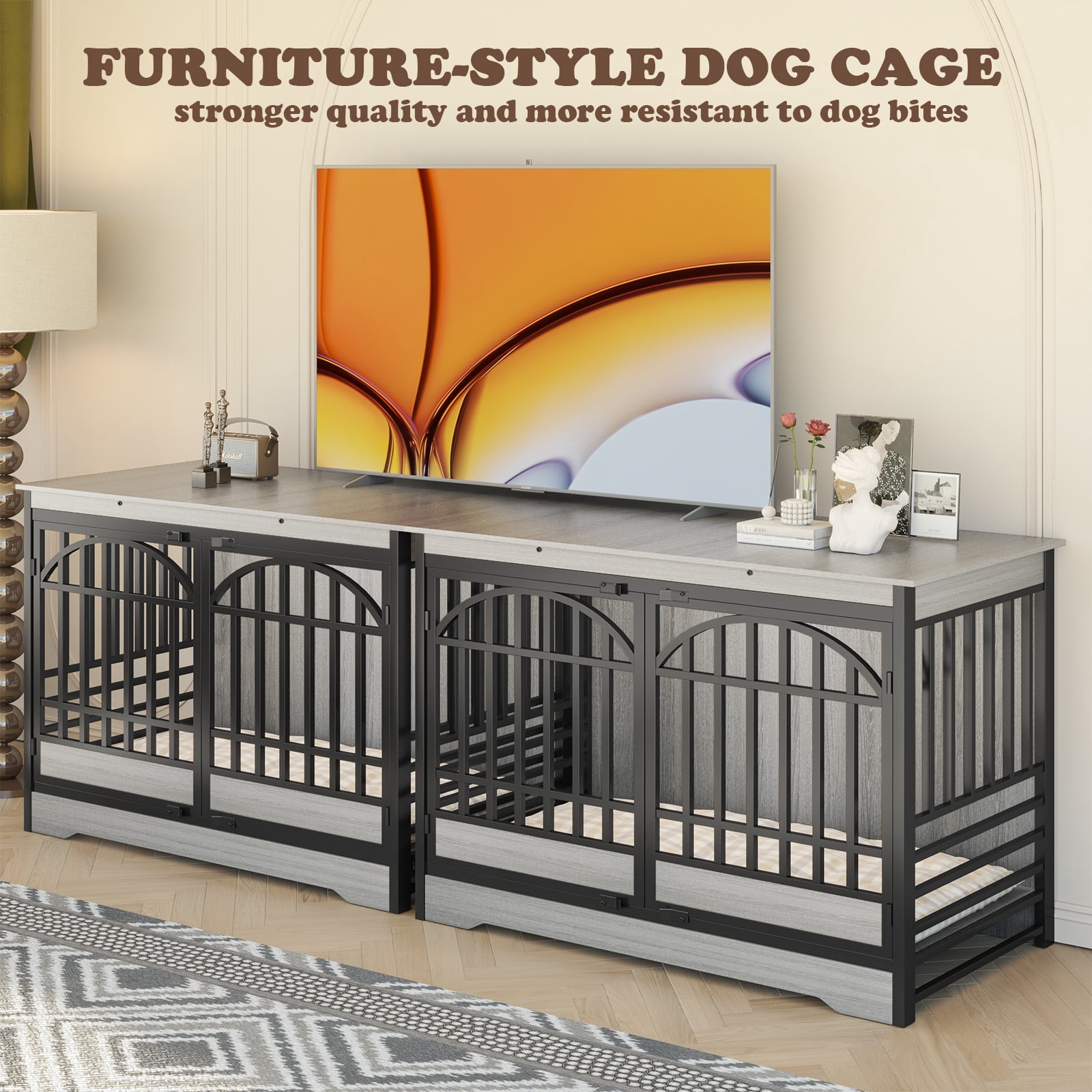 52 Inch Dog Crate Furniture, XL Indoor Dog Kennel for Extra Large Breeds, Heavy Duty Wooden Dog Cage with Double Arched Doors, TV Stand & End Table, Gray