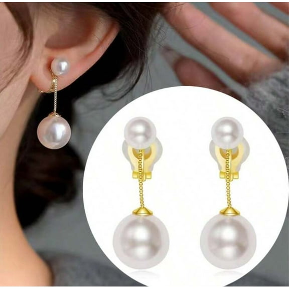 Clip on 1 1/2" gold chain double white pearl dangle earrings