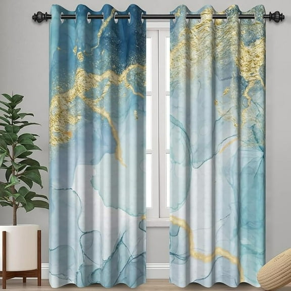 Light Blue Gold Marble Curtains For Bedroom, Abstract Golden Texture Machine Washable Window Curtain Modern Luxury Ink Art Window Drapes For Living Room Decor 42"W x 63"L (Pack of 2)