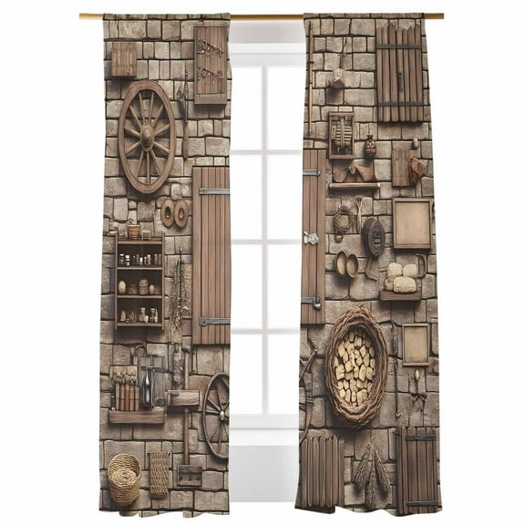 Medieval Vintage Sheer Curtains 84 inches Long, Kitchen Brick Wall Farmhouse Wood Light Filtering Sheer Window Curtains Rod Pocket Voile Drapes for Bedroom Living Room, 52"W x 84"L 2 Panels