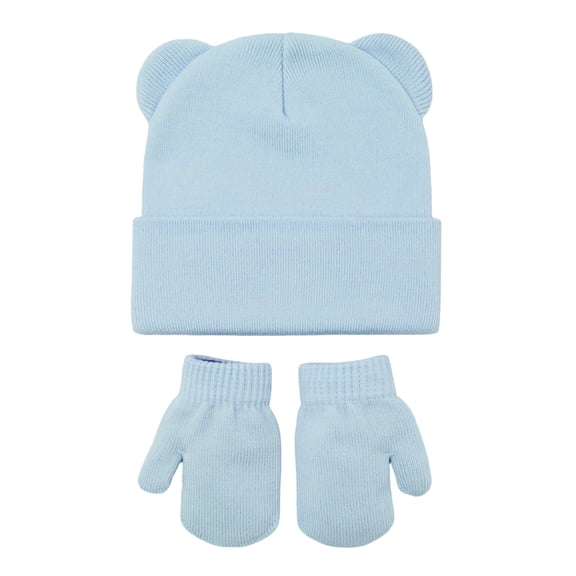 Povozer Infant Toddler Beanie Kint Hat Winter Baby Knitted Ear Warmers Cute Ear Wool Hat Gloves Set,Size 0-6 Months,Light Blue