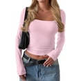 thumbnail image 3 of Women Long Sleeve T Shirts Scoop Neck Slim Fit Going Out Tops Basic Tee Pink L, 3 of 8