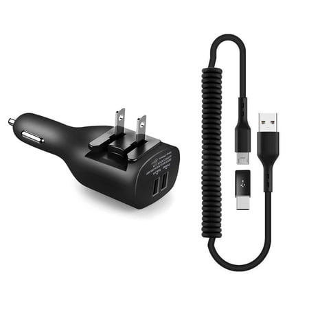 2-in-1 Car Home Charger Coiled USB Cable for Motorola Razr (2023)/(2024)/Plus (2023)/(2024) - Micro-USB to USB-C Adapter Charger Cord Power Wire Black Folding Prongs