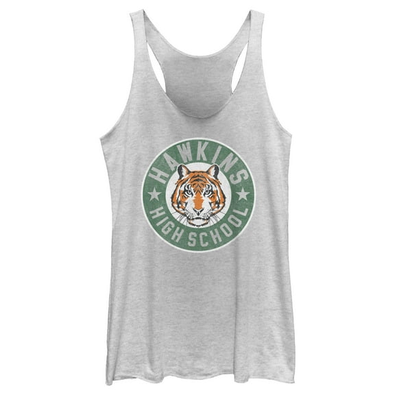 Netflix Women's Stranger Things Retro Hawkins High School Tiger Mascot Racerback Tank Top White Heather X Small