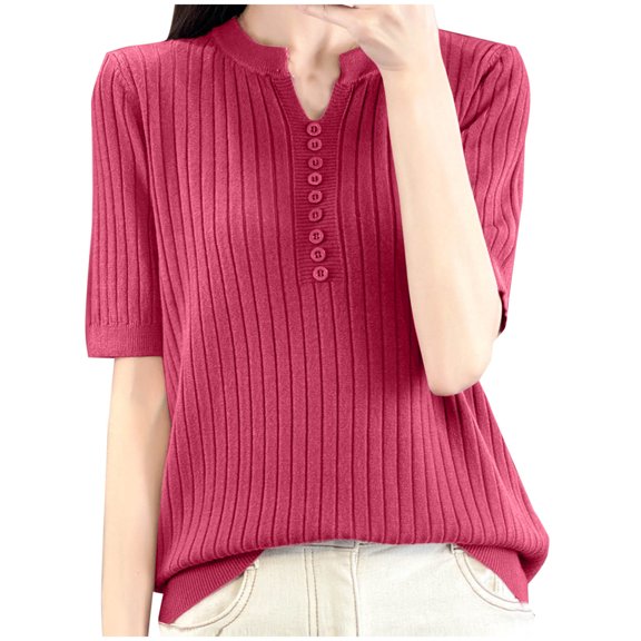 Hvot&aat Womens Summer Tunics Tops Notch Neck Button Short Sleeve Blouses Casual Solid Color Knit T-Shirts