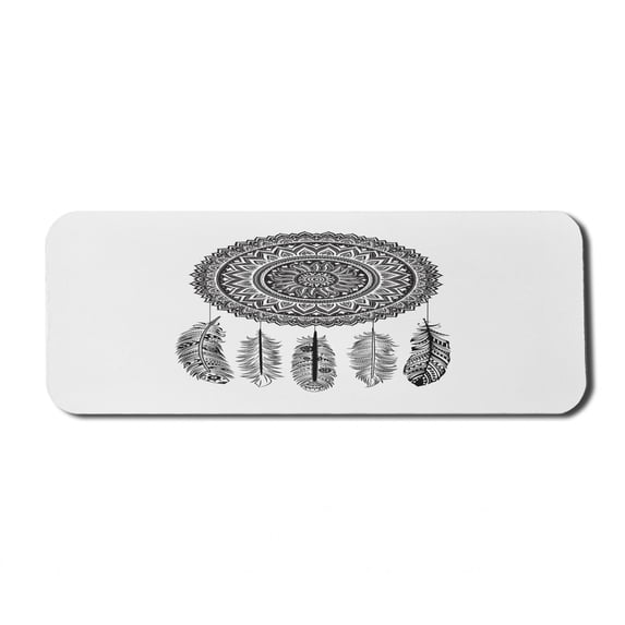 Feather Computer Mouse Pad, Dream Catcher with Blooming Foliage Leaves with Hanging Quills Print, Rectangle Non-Slip Rubber Mousepad Large, 31" x 12", White and Charcoal Grey, by Ambesonne