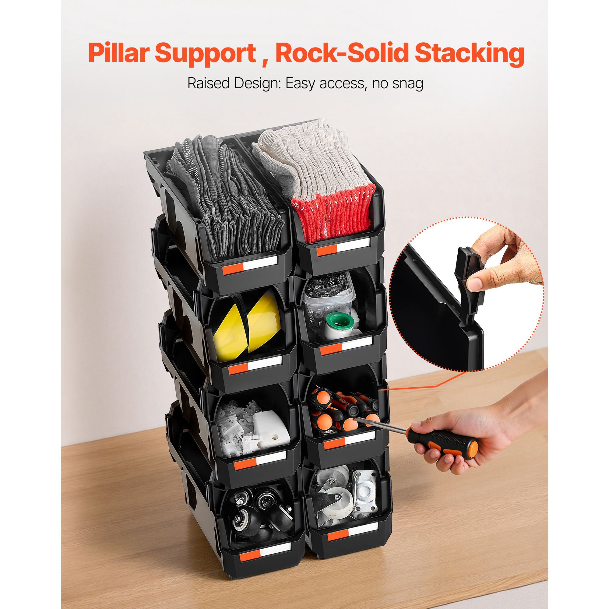 8-Pack Plastic Stackable Storage Bins 10.9"x5.5"x5.1", Black, PP Material, Front-Open Design, Label Stickers, for Closet Garage Office