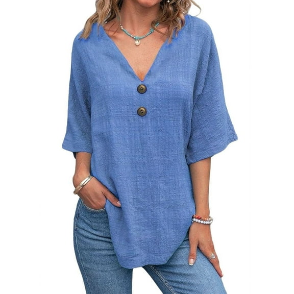 Linen Cotton T-Shirt Women'S Double Button Front Open Casual Top Royal Blue M
