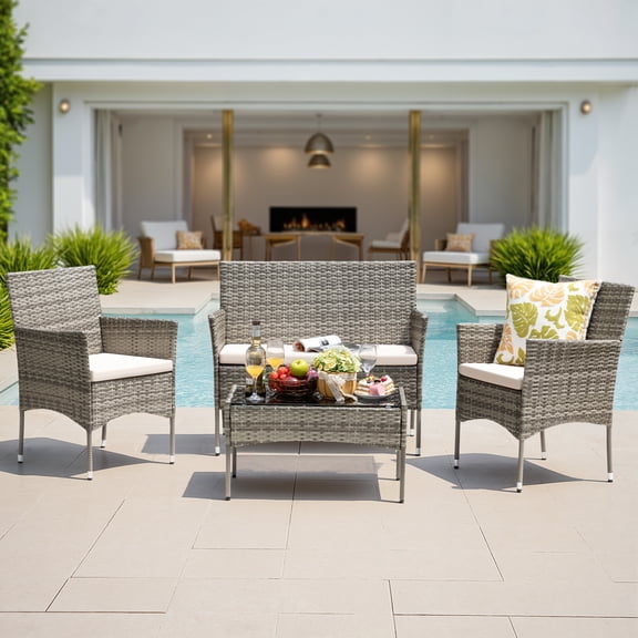 Lacoo 4 Pieces Patio Furniture Set Outdoor Conversation Wicker Rattan Chairs Seating with cushion and Glass Table Weather-Resistant for Garden Backyard Porch, Gray and Beige