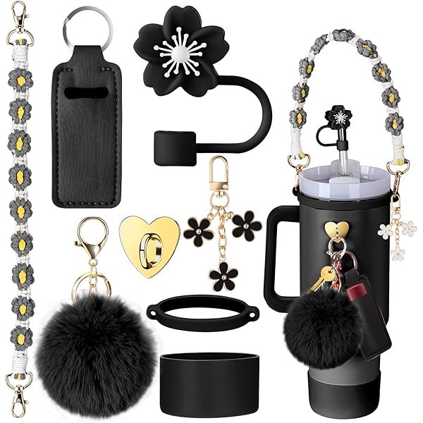 wonima44 Cup Accessories for Stanley Cup 30oz 40oz Tumbler with Handle, Including Water Bottle Handle Strap, Chapstick Holder, Boot, Keychain Charms, Straw Topper Cover Cap for Stanley (Black)