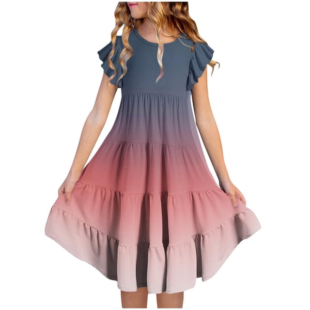 EnJoCho Robe d'Été de Plage pour Adolescentes Filles Robes Boho d'Été Manches à Volants Robe Décontractée Col Rond Robe Fluide de Fête Robe à Volants pour 6-15 Ans