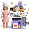 JoyStone 78PCS Large Kids Play Kitchen Set for Toddlers, 35.43 in Pretend Cooking Toy Kitchen with Interactive Menu, Water Play Coffee Maker, Lights Sounds Music for Kids 3+, Purple
