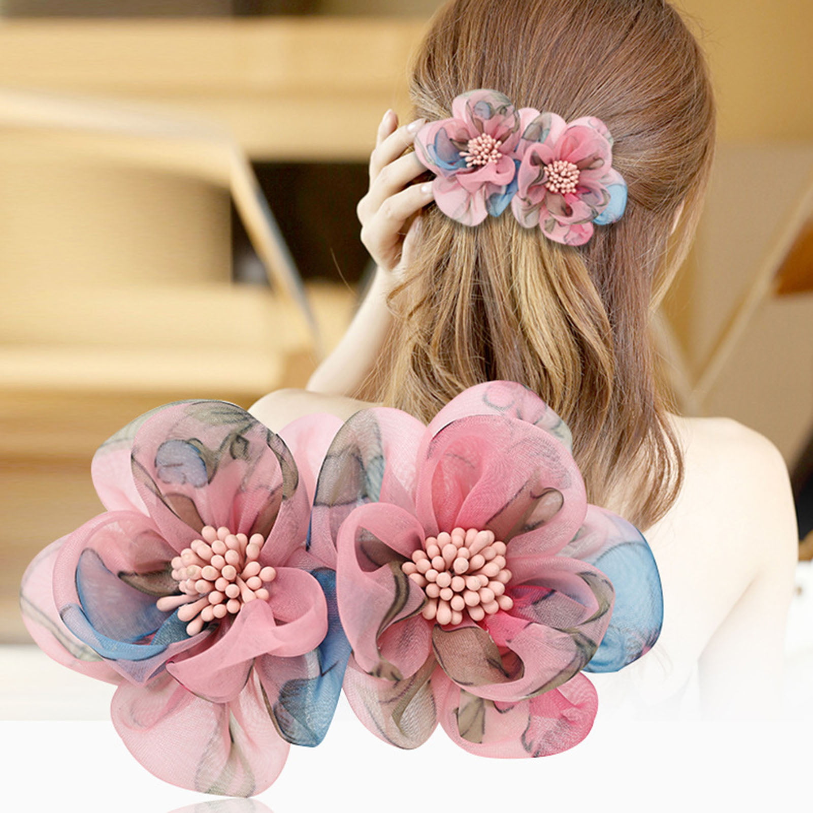 HEVIRGO Non-Slip Luxury Elegant Girl Hair Pin Yarn Flower Decor Spring Hair  Clip Hair Accessories Blue Net Yarn
