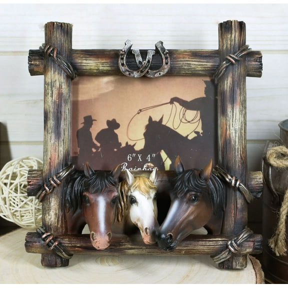 Country Rustic Triple Horses Lucky Horseshoes Faux Barnwood Picture Frame 4"X6"