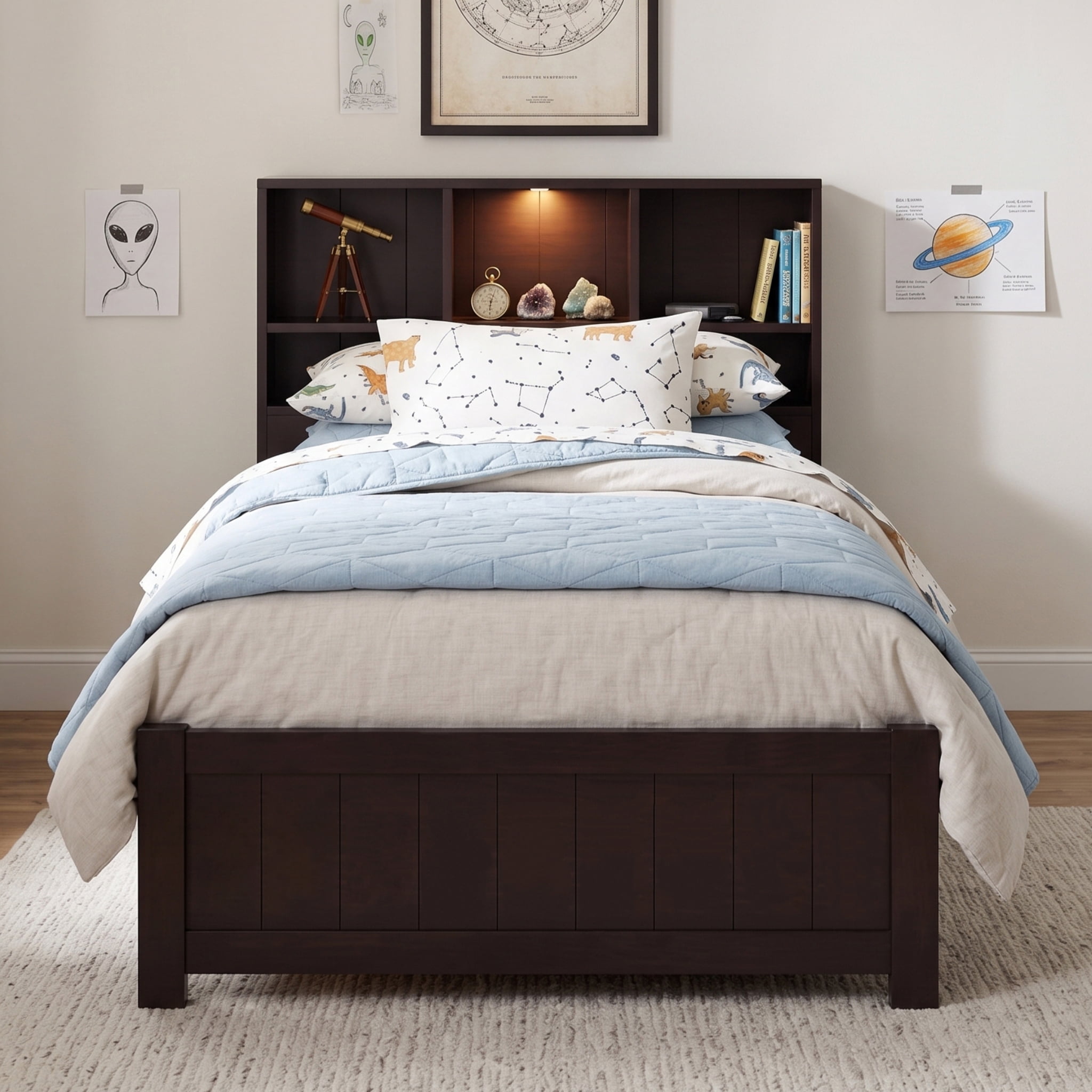 Euroco Wood Twin Size Platform Bed with Storage Headboard and Drawers, LED Light and USB Charging, Espresso