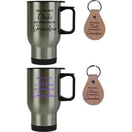 Only the Best Dads/Moms Get Promoted to Grandpa/Grandma 14 oz Stainless Steel Travel Coffee Mugs Bundle with Leather Keychains - Gift for Mothers's/Father's Day, Expecting Parents, (Best College Graduation Gifts From Parents)