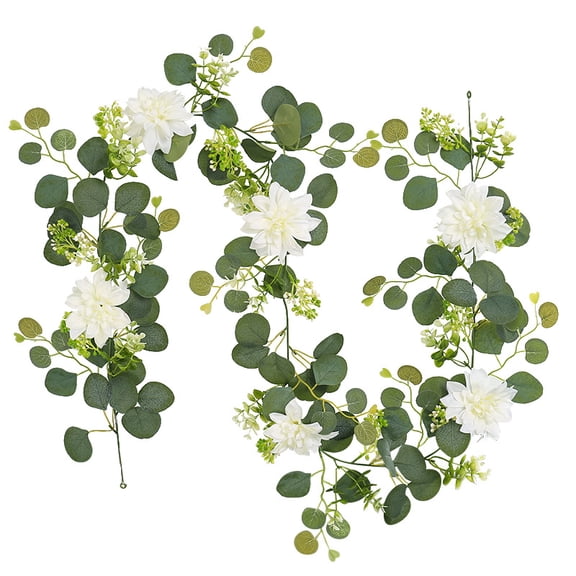 YTTAL Artificial Eucalyptus Flower Garland, 6ft Faux Greenery Vines with White Blooms, All Season Decor for Indoor Outdoor Wedding Home