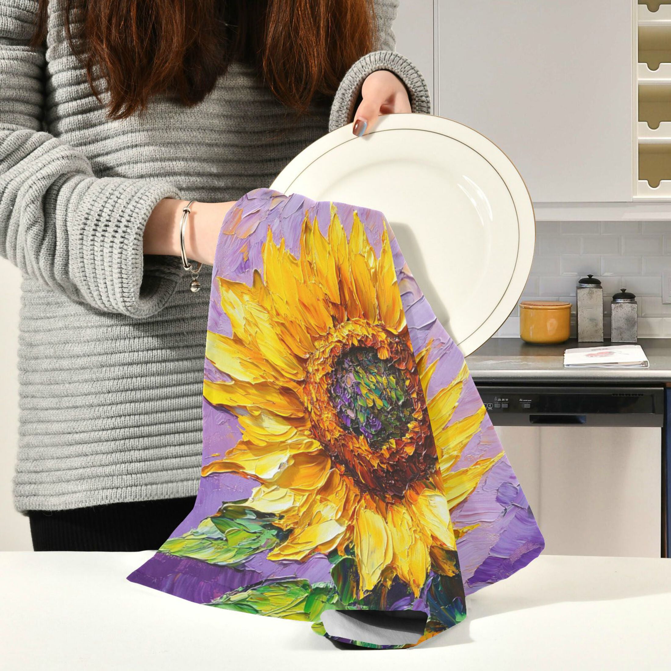 WOBOGO Bright Yellow Sunflower Kitchen Towel 6 Piece Large Cotton Dishcloth Premium Absorbency Set with Hanging Loop