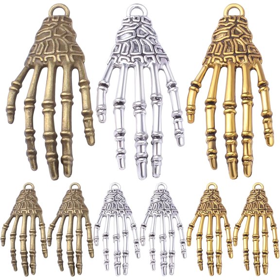 30pcs Skeleton Skull Hand Charms Tibetan Alloy Hand Claw Pendants Punk Horror Bone Claw DIY Accessories for Necklace Bracelet Jewelry Making Halloween Party Decoration, 3 Colors