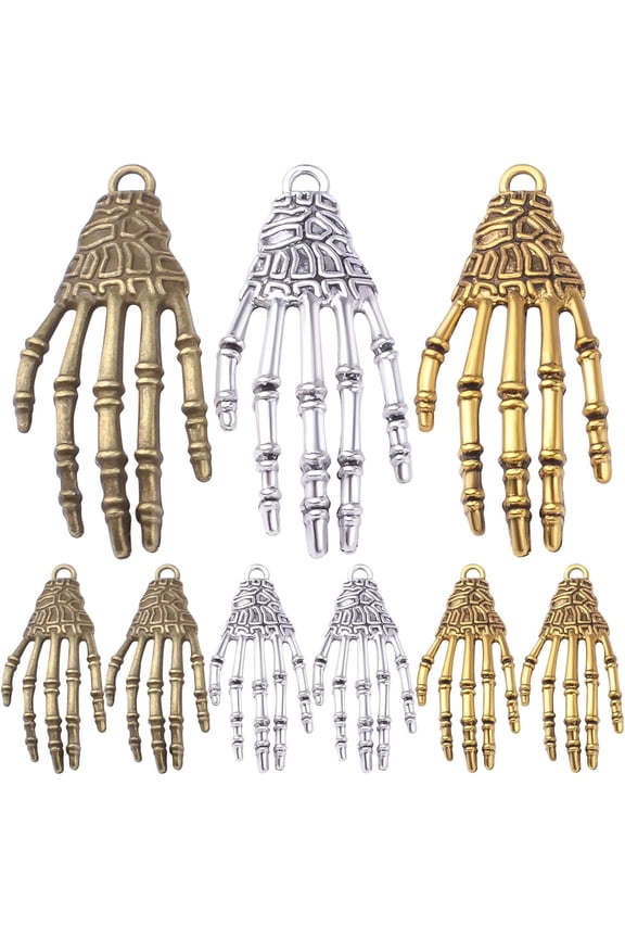 30pcs Skeleton Skull Hand Charms Tibetan Alloy Hand Claw Pendants Punk Horror Bone Claw DIY Accessories for Necklace Bracelet Jewelry Making Halloween Party Decoration, 3 Colors