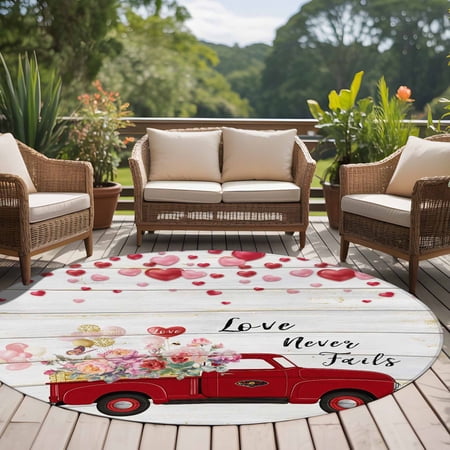 Non-Slip Rug Pad Rugs Valentine s Day Red Truck Roses Wood Grain Round Area Rugs 6Ft Soft Carpet Pads for Living Room Kids Room Love Balloons