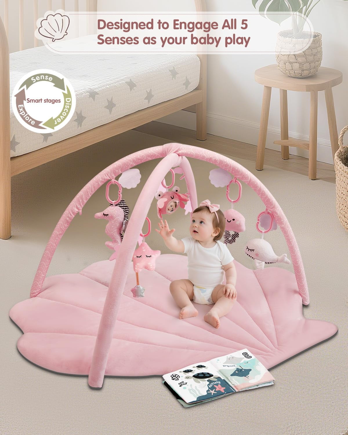 Baby Play Gym Mat, Oversize Tummy Time Activity Mat with 6 Detachable Toys for Infant 0-12 Months Sensory Exploration Skill Development,Pink