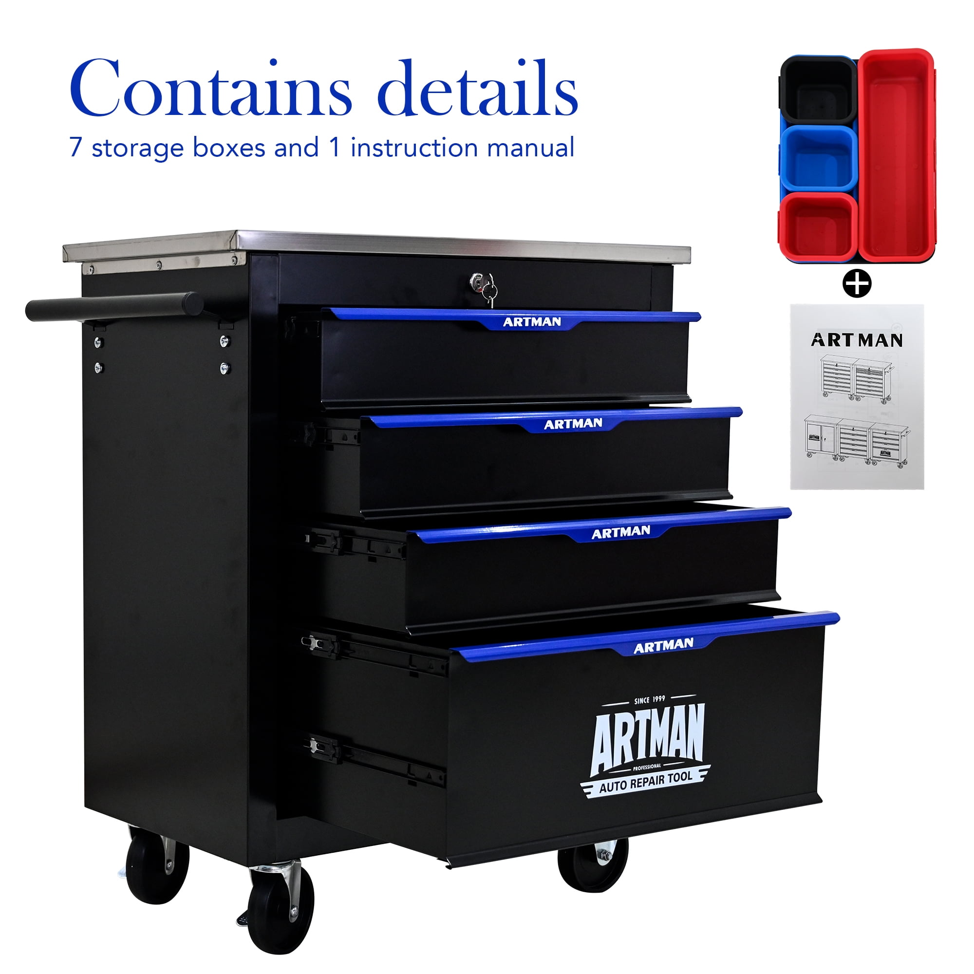POVANLi 4 Drawers Multifunctional Tool Cart with wheels,Key Locking and 4 Toolbox On Wheels, Metal,Suitable for Garages,Warehouses,Workshops,Repair Shops(Black+Blue)