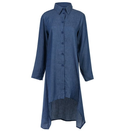 Women Retro Blue Jean Soft Denim Dress Long Sleeve Casual Loose irregular Dress Short Shirt Dress